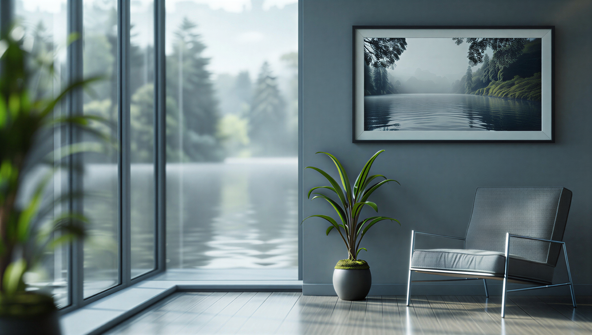 Moderner Sessel vor großem Fenster mit Seeblick