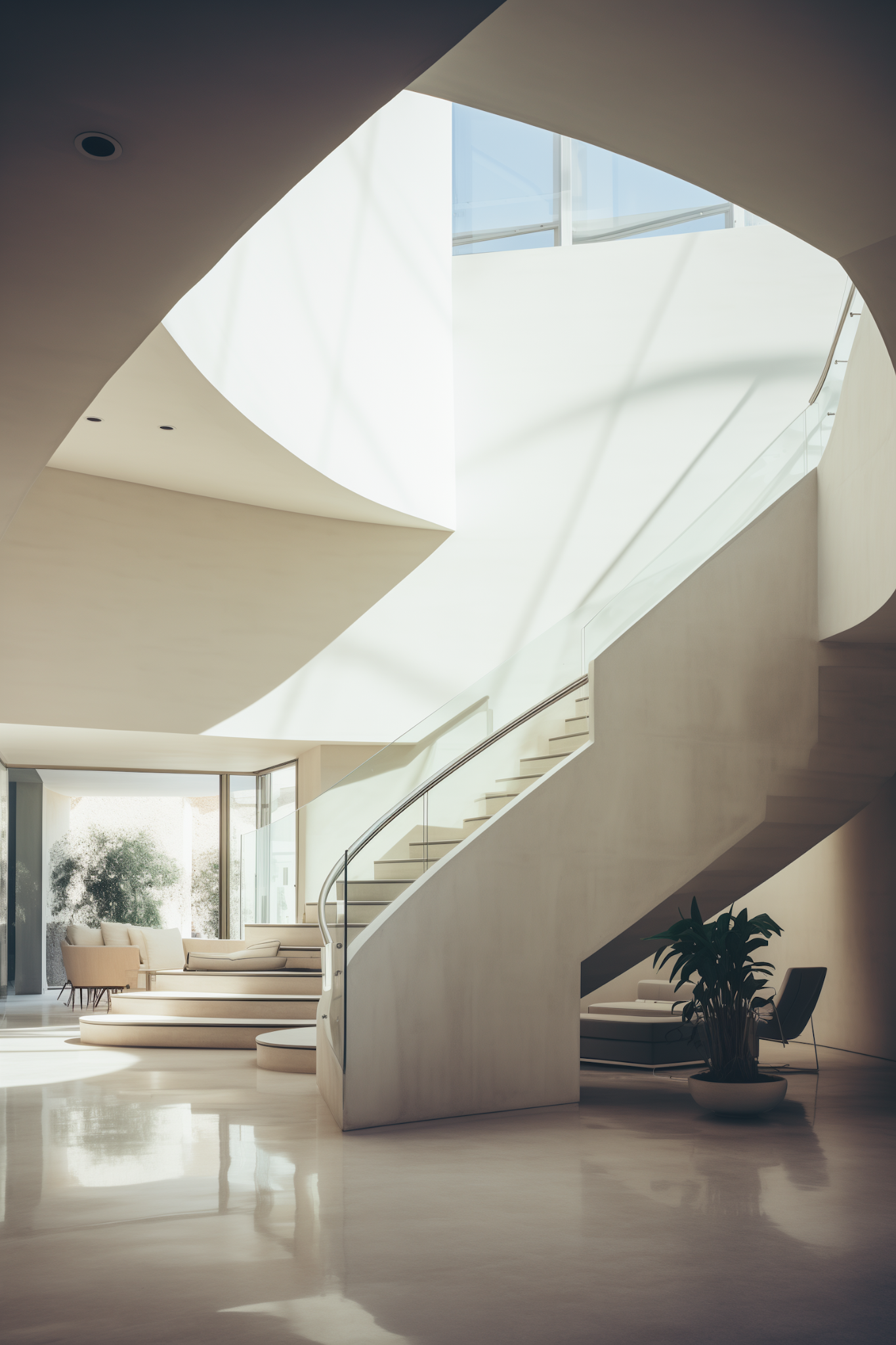 Skulpturale geschwungene Treppe in hellem Innenraum