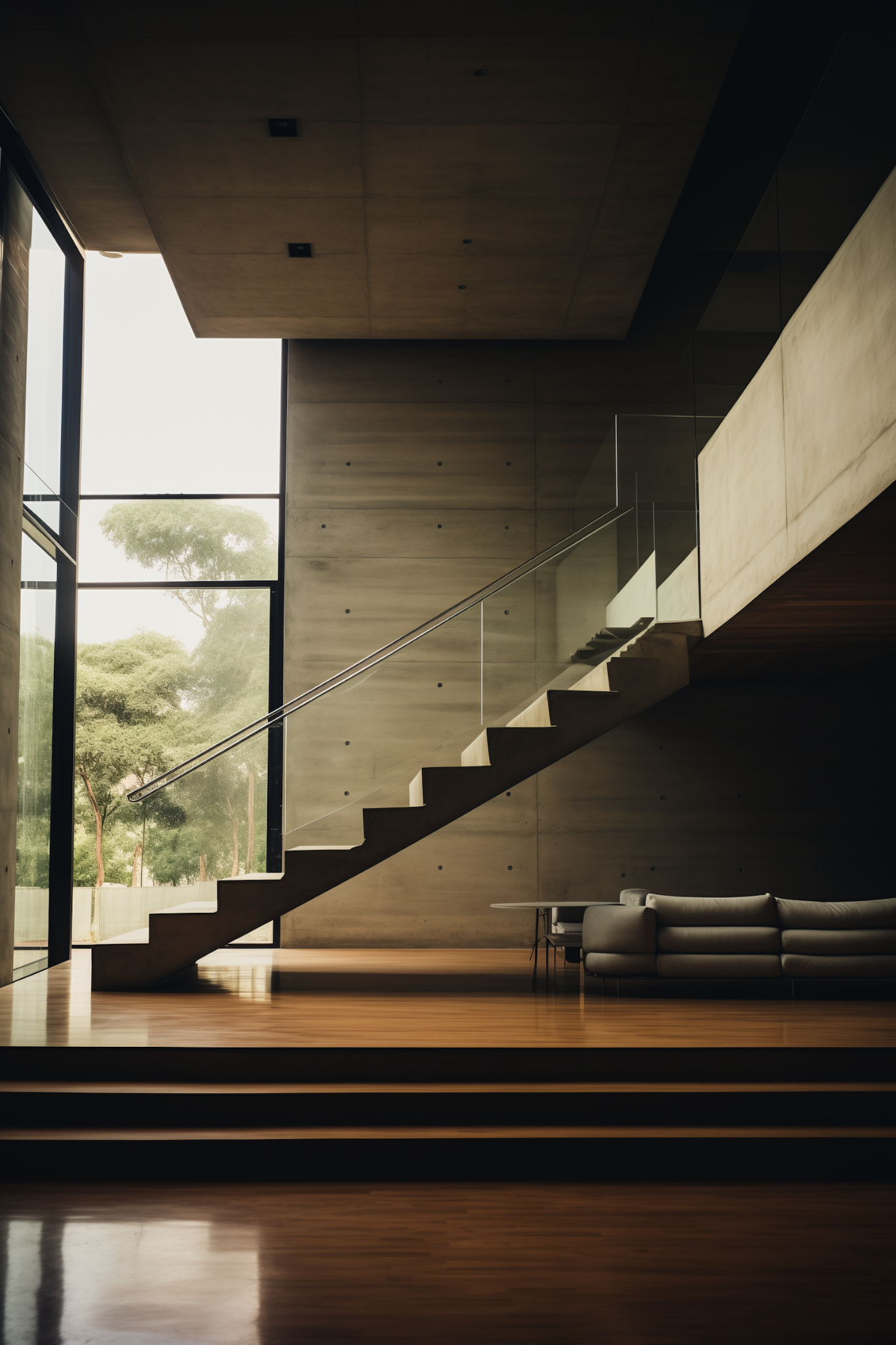 Warme Holztreppe in minimalistischem Innenraum