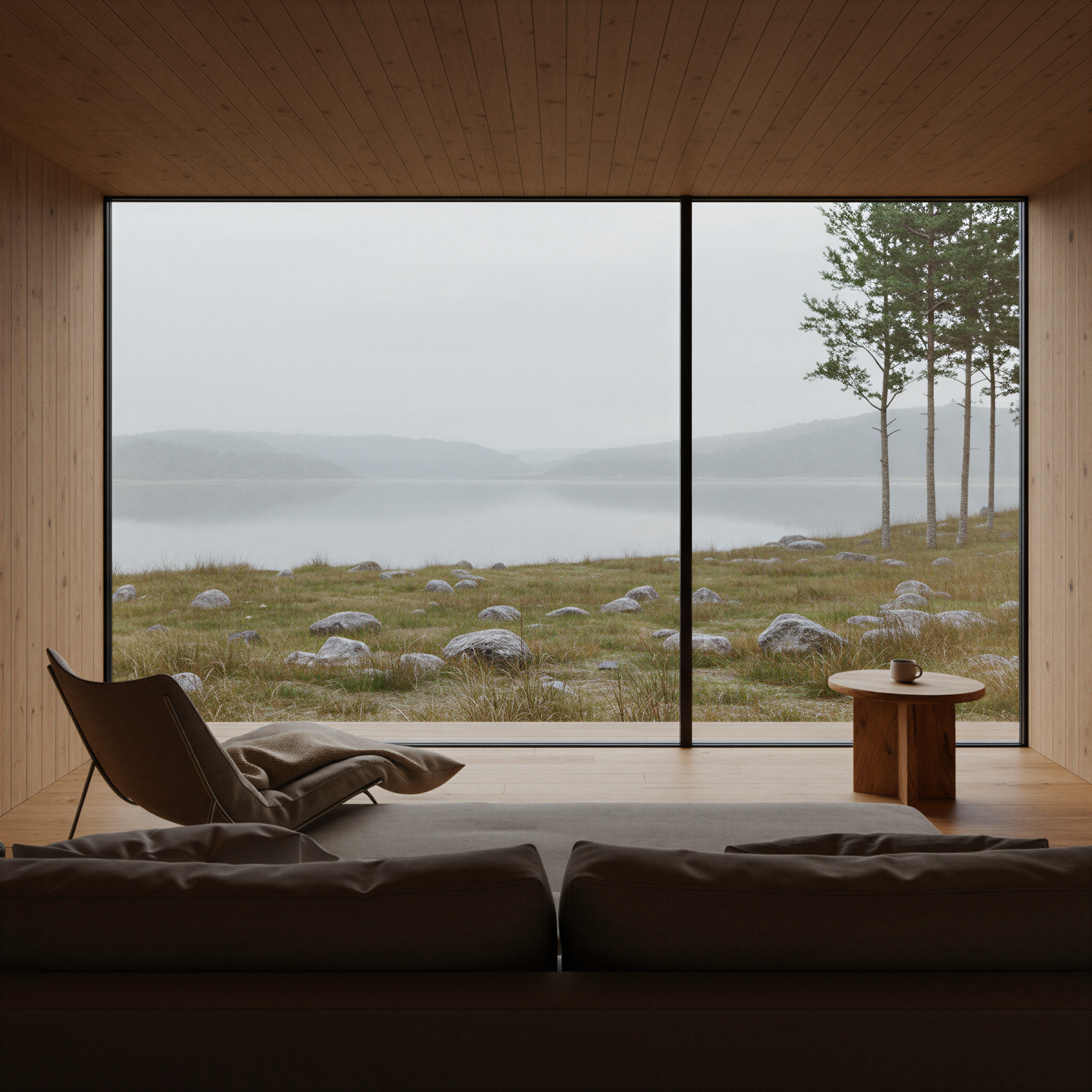 Minimalistischer Raum mit weitem Blick auf See und Landschaft